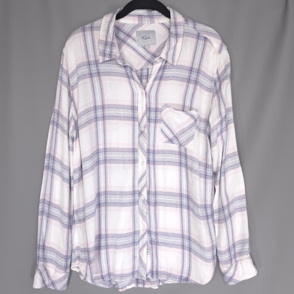 RAILS Plaid Button Front Shirt Women Size Large Blue Pink Rayon Casual Sleeve